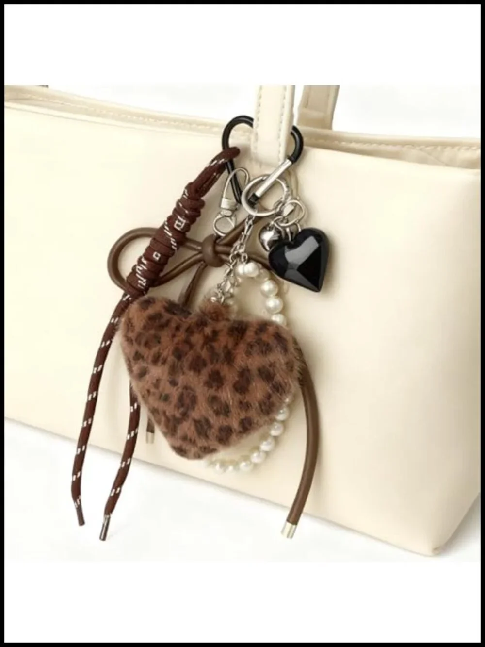 Plush Leopard Heart Keychain with Pearl Braided Rope, Cute Bag Charm for